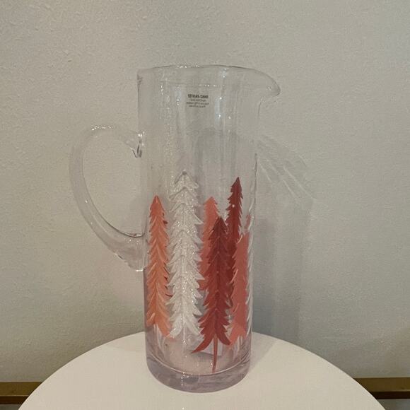 Hand-Painted Glass Pitcher Pink and White Christmas Pine Tree Forest New RARE - Picture 16 of 16